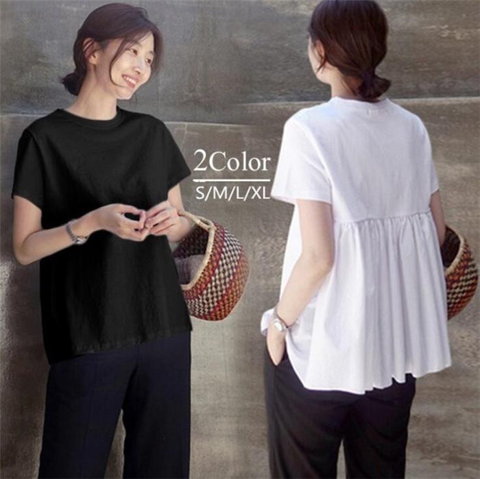 バックフリルカットソー バックフリル トップス ギャザー 後ろ 半袖 無地 Tシャツ ラウンドネック トップス レディースバックフリルカットソー バックフリル レディースファッション 通販カラー: ホ