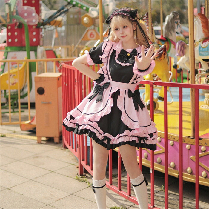 メイド服 レディース コスプレ ワンピース ハロウィン衣装 5点セット ショート丈 半袖 フリル裾 エプロン 猫ヘアアクセサリー カフス リボン 可愛い 変装 ハロウィンコスプレ 万聖節 イベント衣装