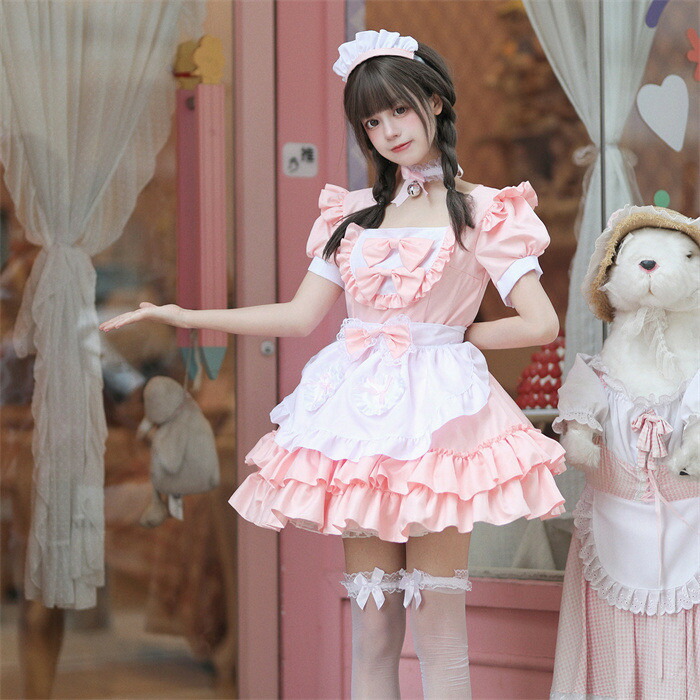 レディース ハロウィン 衣装 メイド服 ハロウィン衣装 コスプレ 仮装 コスプレ衣装 ワンピース 半袖 5点セット 首飾り エプロン リポン カチューシャ 可愛い 変装 万聖節 ワンピ イベント衣装 