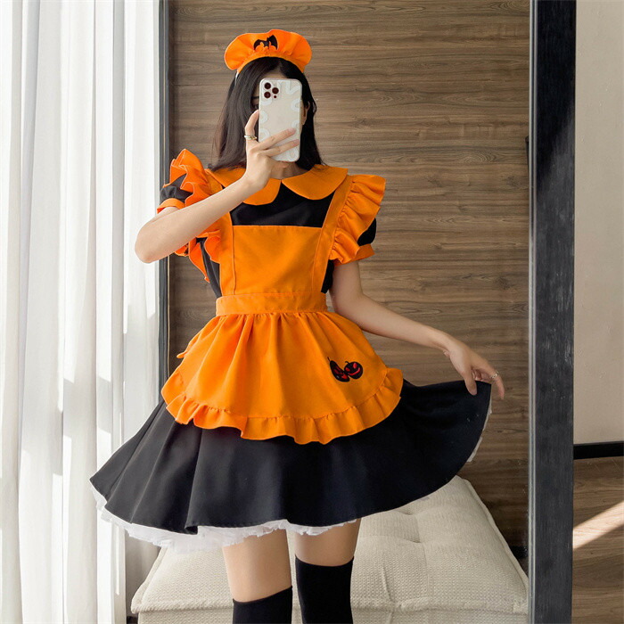 ハロウィン メイド服 レディース ワンピース コスプレ衣装 変装 半袖 3点セット ショート丈 フリル裾 エプロン カチューシャ 可愛い ハロウィンコスプレ イベント衣装 ステージ衣装 万聖節 演出服