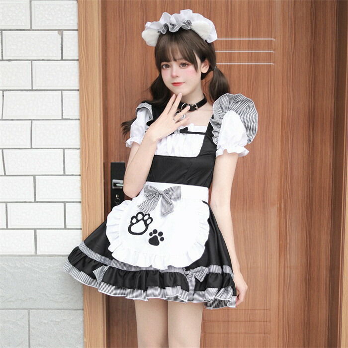 メイド服 ハロウィン 衣装 レディース ワンピース 猫 4点セット ショート丈 フリル裾 エプロン リポン カチューシャ 首飾り 半袖 可愛い 変装 ハロウィンコスプレ イベント衣装 ステージ衣装 万